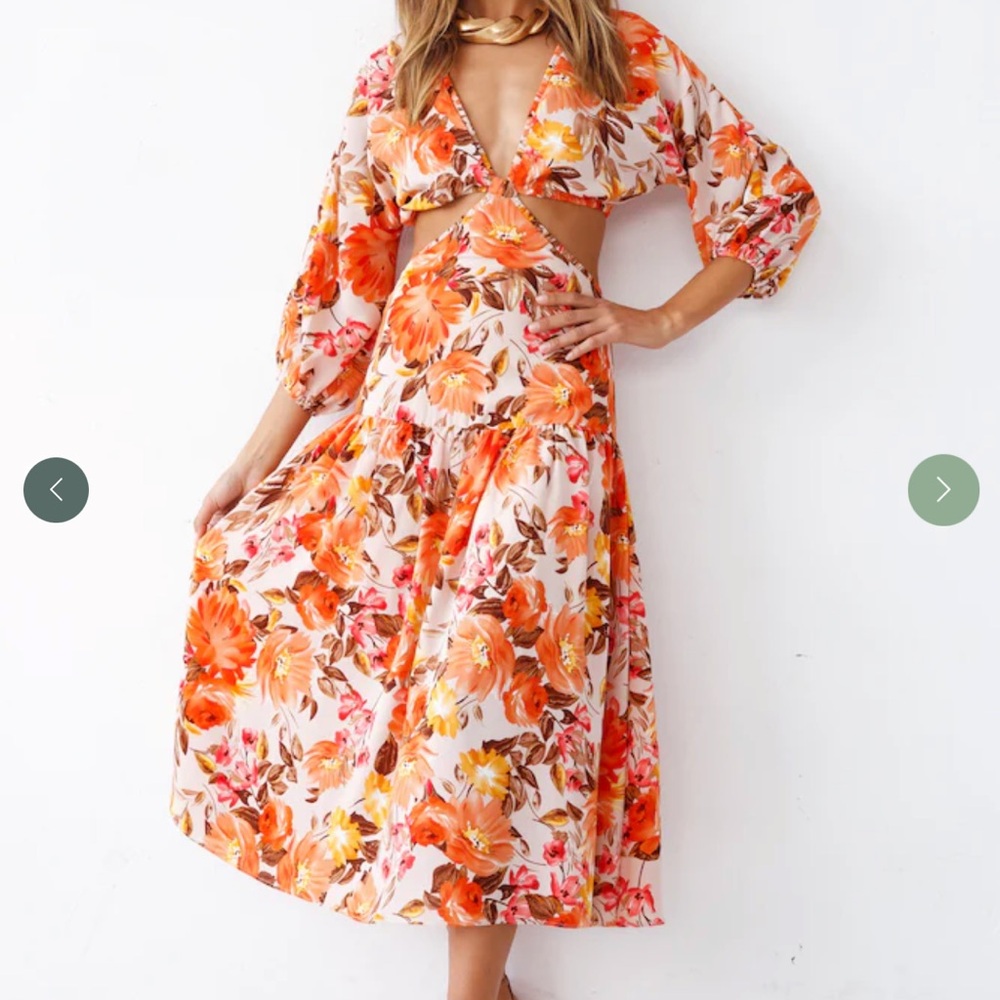 Orange and White Midi Sundress with Plunge Neckline